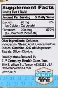 21st Century Chromium Picolinate 200Mcg-100Serv.-100 Tablets